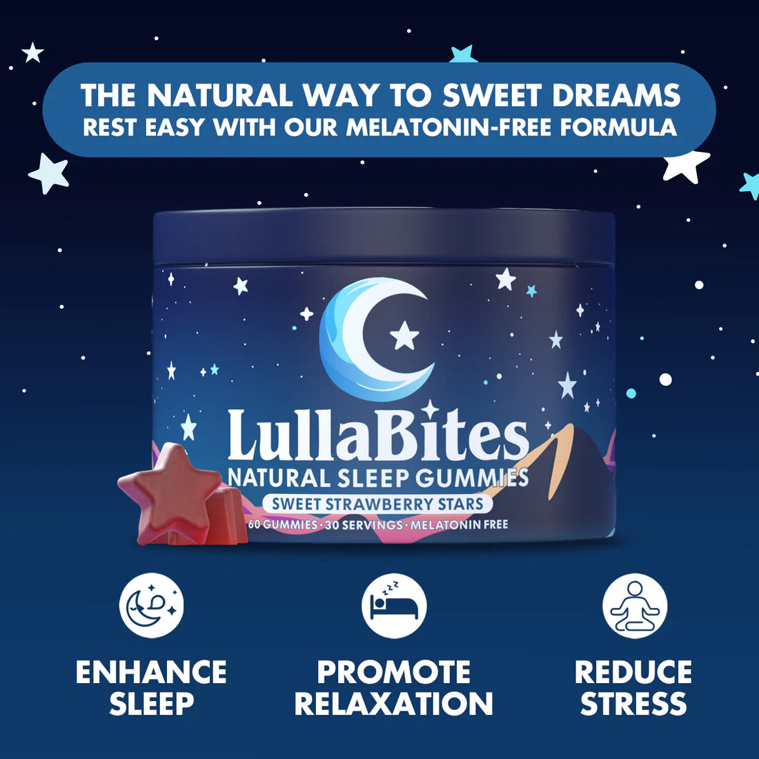 LullaBites Natural Sleep Gummies - 30 Servings -Sweet Strawberry Stars (Melatonin Free)