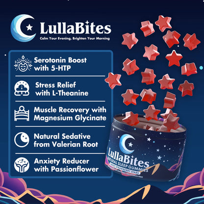 LullaBites Natural Sleep Gummies - 30 Servings -Sweet Strawberry Stars (Melatonin Free)